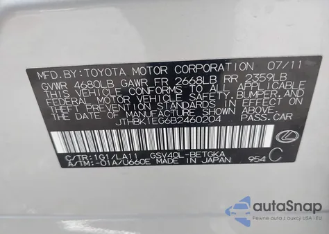 2011 Lexus Es 350 z USA, uszkodzony, nr VIN JTHBK1EG6B2460204